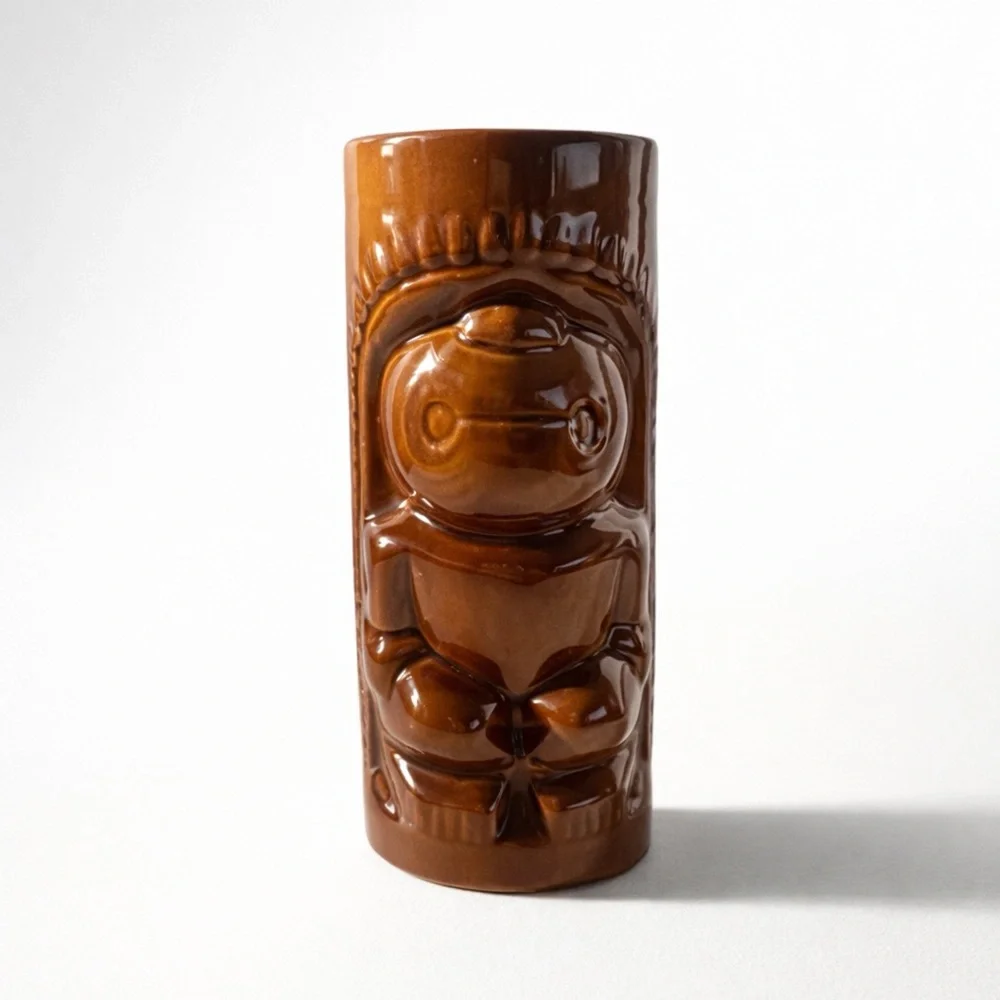VINTAGE BROWN TROPICAL TIKI VIBES MUG GLASS CERAMIC BARWARE TUMBLER‎